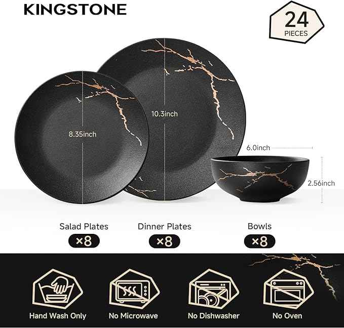 KINGSTONE Porcelain Dinnerware Sets for 8 | 24 Piece Plates and Bowls Sets Kitchen Dishes Scratch Resistant Matte Black Gold Vein Dinner Salad Plate Dishware for Party Daily Wedding