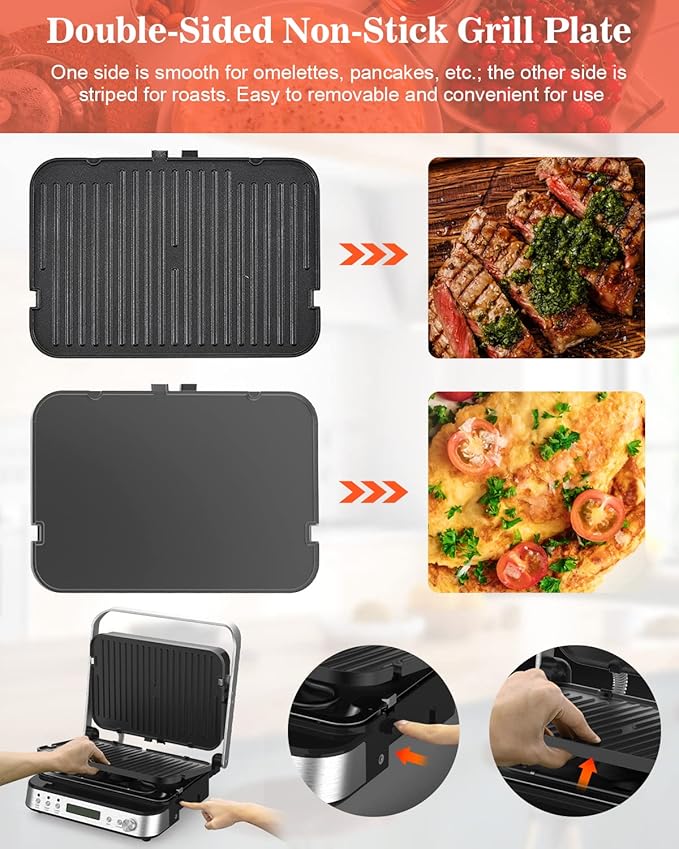 Panini Press Grill Sandwich Maker with Removable Plates, 1600W, 6 in 1 Indoor Grill with Meat Thermometer, Electric Contact Grills for Kitchen, Stainless Steel