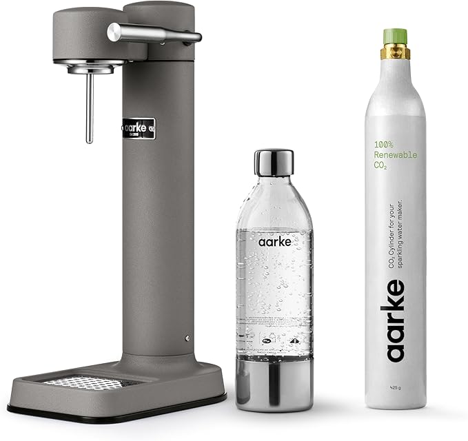 Aarke Carbonator lll with CO2 Cylinder, Sparkling & Carbonation Water Machine, Stainless Steel with PET BPA-Free Reusable Bottle Volume 1L/34 fl oz (Matte Grey)