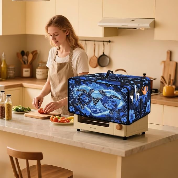 Convection Oven Cover Countertop Appliance Covers Stain-resistant Microwave Oven Protector for Kitchen Home Decor, S, Sea Turtle Love Hibiscus Flower Dark Blue