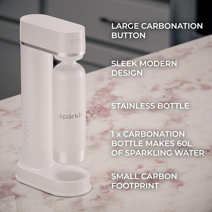Fizzit Stainless Steel Sparkling Water Maker Bundle | Includes Soda Maker, 2 CO2 Cylinder, & 12-Flavor Variety Pack | Customizable Carbonated Water Machine, Reusable bottle & Eco-Friendly