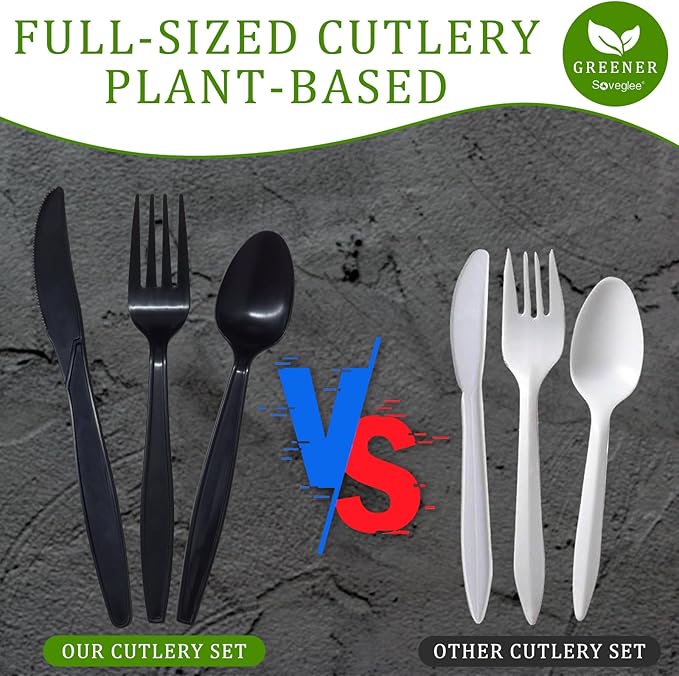 Black Plastic Silverware, Compostable No Plastic Utensils 120 Forks 120 Spoons 60 Knives Disposable Cutlery, Eco Friendly Compostable Utensils, Disposable Forks Spoons Knives Set