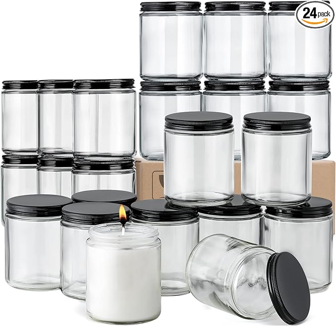 24 Pack, 8 OZ Thick Glass Jars with Metal Lids, Clear Round Candle Making Jars,Empty Food Storage Containers, Mason Canning Jar For Spice, Powder, Liquid, Sample, Lotion, Cosmetic,Dishwasher Safe