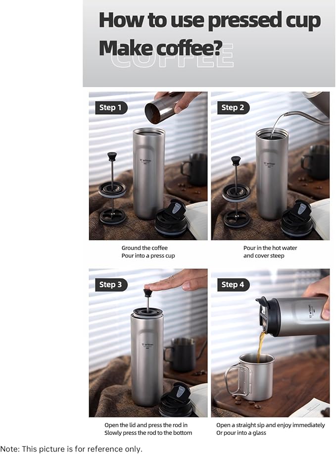 Titanium Water Bottle French Press Pot Milk Frother Coffee Cups 16.23fl oz | Double Layer Thermal Insulation | Leakproof & Packable for Travel & Sports | (Ice Flowers)