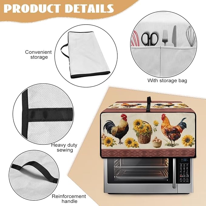 Air Fryer Toaster Oven Dust Cover Washable Convection Oven Cover Farmhouse Kitchen Appliance Protector Decorations Countertop Accessories, S, Rooster Chicken Eggs Sunflower