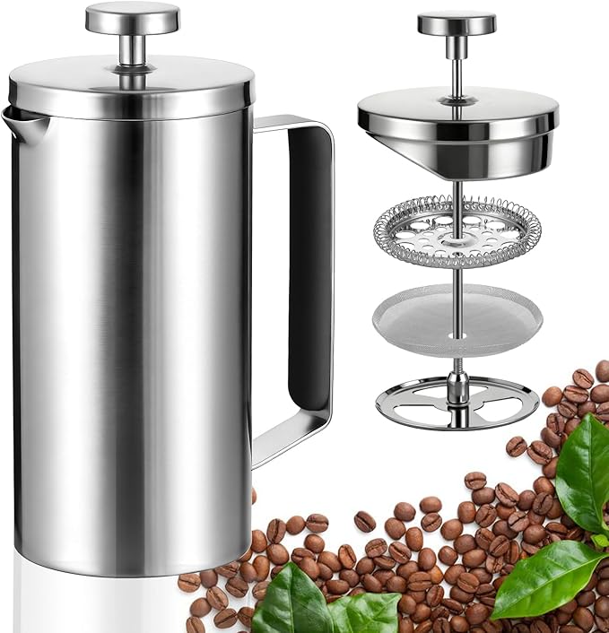 Samll French Press Coffee Maker 21OZ, Stainless Steel 600ml Coffee Press with Black Handle for Personal, Office, Travel,Camping (Sanding Silver, 1-3 Cups)