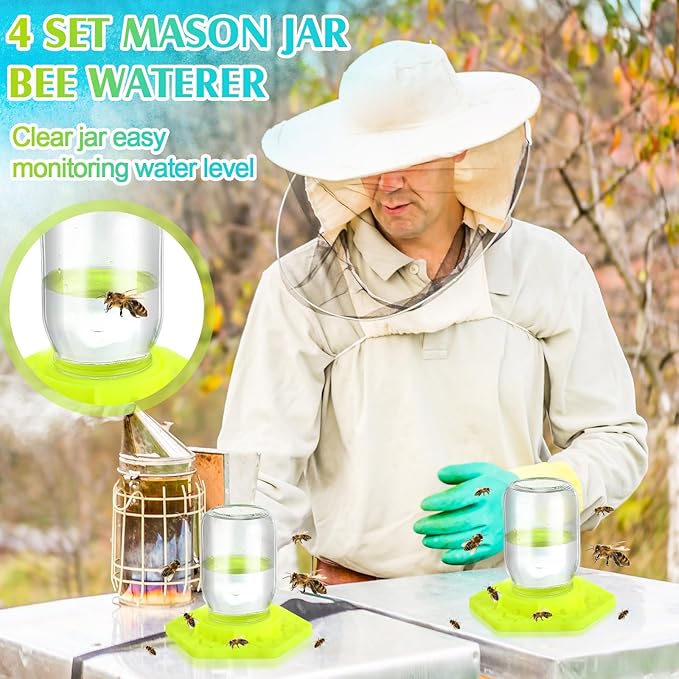 4 Pack Bee Feeder for Mason Jar Bee Watering Station Garden Silicone Sugar Water Feeder Beekeeping Drinking Equipment Tools with Mason Jars for Drinking Water(Yellow,Hexagon)