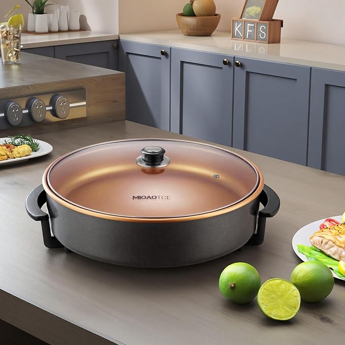 16" Extra Large Electric Skillet with lid, Ceramic Nonstick Coating Electric Frying Pan, 1500W Quick & Even Heating, 5 Adjustable Temperature Control, Tempered Glass Lid & Cool-Touch Handles
