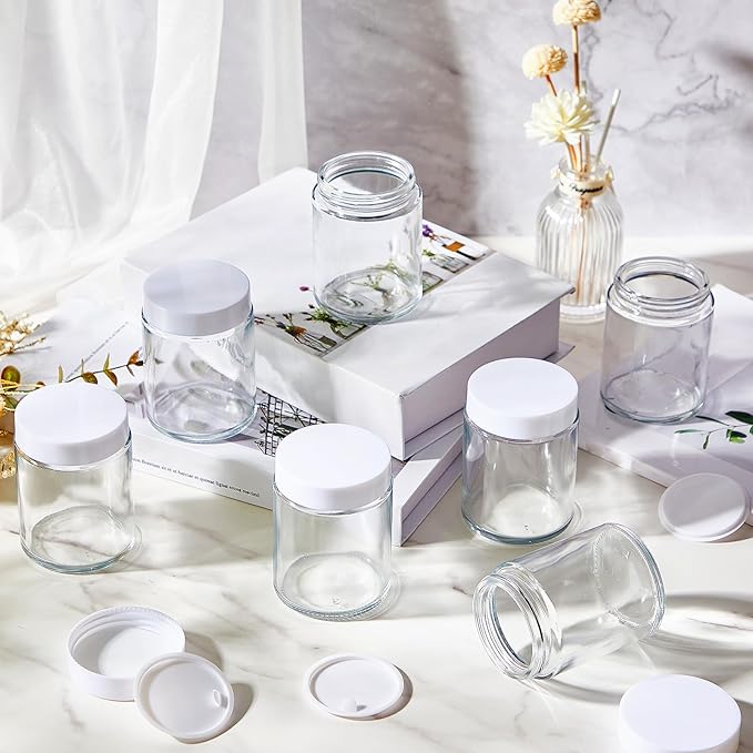 Domensi 24 Pcs Bulk 6oz Glass Jars with Lids Leakproof Round Airtight Empty Cosmetic Jars with Inner Liners Lid for Storing Lotions Spices Ointments Food Storage (White White)