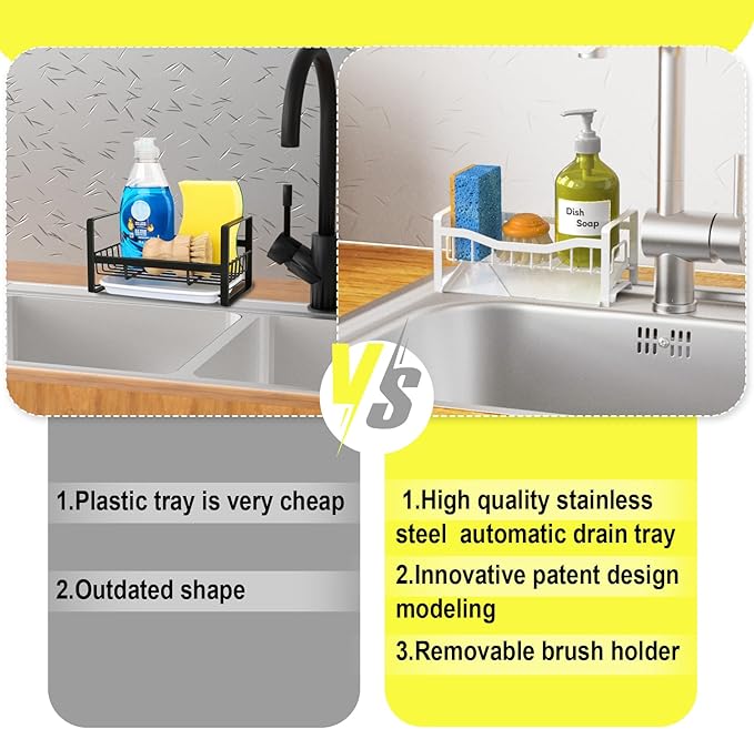 Maifan Stainless Steel Kitchen Sink Caddy Organizer with Auto Drain Tray, Sponge Holder for Countertop Storage (White)