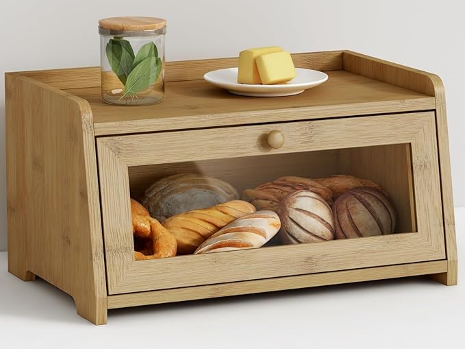 Goozii Wood Bread Box for Kithcen Countertop, Rustic Breadox Storage Container for Homemade Bread, Small Compact Bread Keeper Holder Organizer with Window (Natural Bamboo)