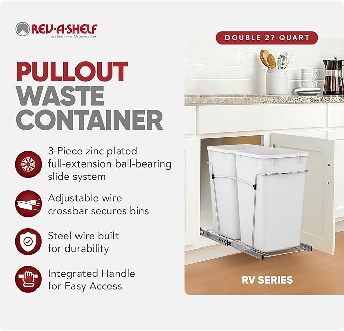 Rev-A-Shelf Pullout Trash Can for Under Kitchen Cabinets 27 Qt Garbage Waste Recycling Bin with Full Extension Slides, White, RV-15KD-11C S