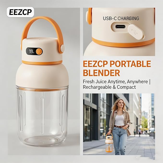 Portable Electric Juicer Cup with Zero Cord Hassle, USB-C Rechargeable, 36 Stainless Steel Blades, 18000 RPM Motor, Leakproof for Shakes,Smoothies,Travel,Gym,Office Outdoor (1200ML)