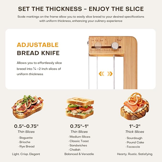 Adjustable Bread Knife for Homemade Bread Sourdough, 304 Stainless Steel Bread Slicer with Precision Slicing Guide, Bamboo Handle Bow Bread Knife with Extra Blade, Manual Bread Cutter Gift for Bakers