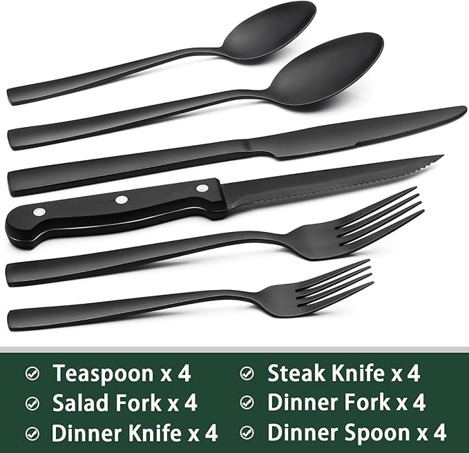 EWFEN 24-Piece Black Silverware Set with Steak Knives, Black Flatware Set for 4, Food-Grade Stainless Steel Tableware Cutlery Set, Mirror Finished Utensil Sets for Home Restaurant, Square Edge