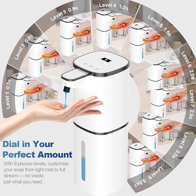 Automatic Liquid Soap Dispenser, 9 Adjustable Levels, 380ml/12.8oz, Touchless Hand Soap or Dish Soap Dispenser,IR Sensor & Display,Wall-Mount or Tabletop Use for Bathroom Kitchen
