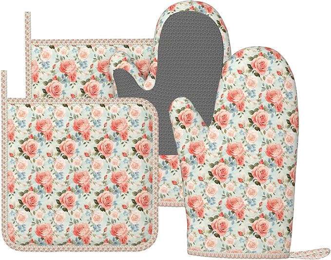 Oven Mitts and Pot Holders Rose Flower Vintage Botanical Silicone Kitchen Accessories Set of 4 Heat Resistant Long Gloves Potholder Non-Slip Grip for Chef Cooking Baking Grilling BBQ