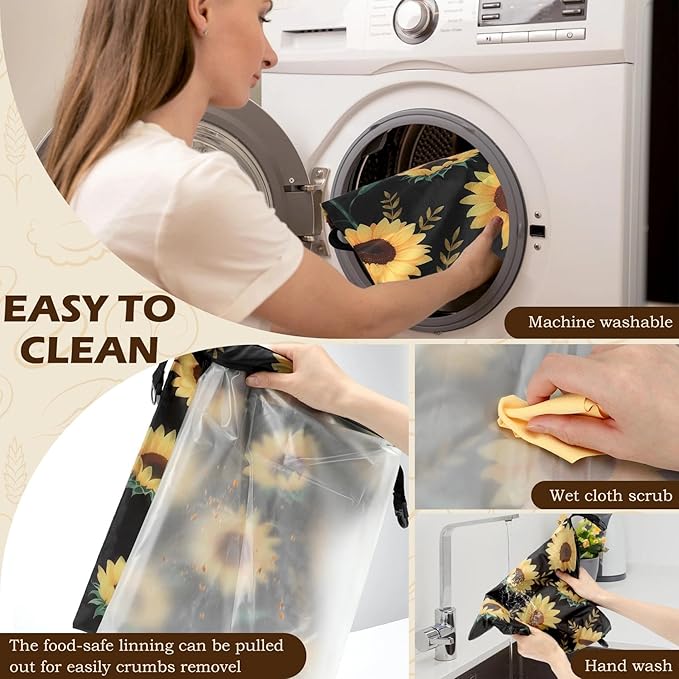 2 Pack Reusable Bread Bags for Homemade Bread, 17"×13" Sourdough Bread Storage Bags with Bowl Cover - Keep Loaf Fresh and Easy to Wash(Sunflowers)