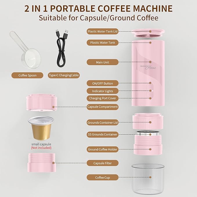 Magnavox HOME Portable Espresso Coffee Maker (Grounds or Pods) with Fast Brew Technology & Single Touch Control, Ideal for Offices or Travel