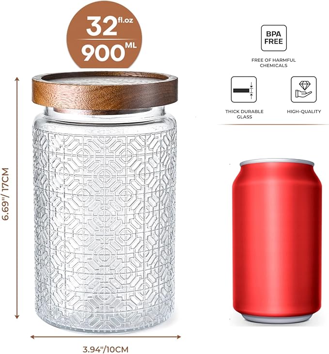 Adodeen 32oz Vintage Glass Jar With Lid, Glass Storage Containers, Airtight Kitchen Storage Containers For Sugar, Coffee, Tea, Spice, Flour, Candy Cookie, Pasta, Cereal, Cute Decorative Jars