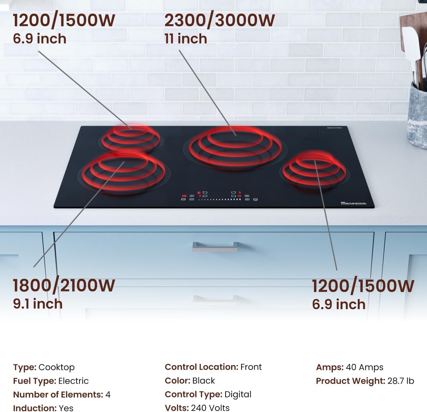 RCI301S 30" Induction Cooktop, 8100W, 4 Burners, Built-in Stove Top, Booster & Timer, 9 Power Levels, Slide Touch Control, Child Safety Lock, 240V Hard Wire, Ceramic Surface