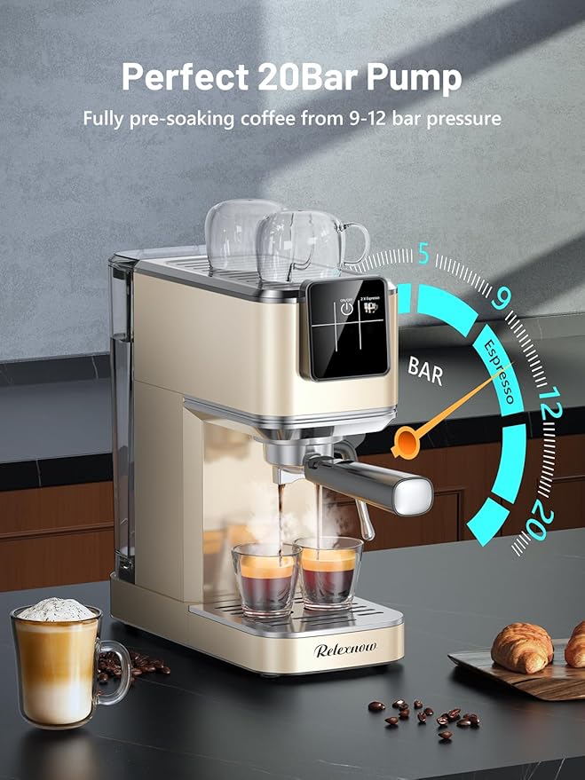 RELEXNOW Espresso Machine, 20 Bar Espresso Maker Milk Frother & LCD Panel, Hot & Iced Coffee Machine, Stainless Steel Espresso Coffee Machine with 41oz Water Tank for Cappuccino, Latte