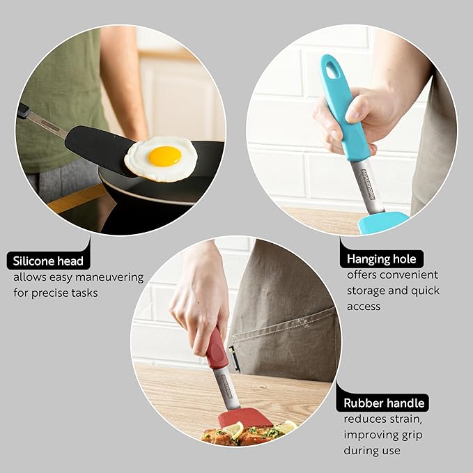 Restaurantware Comfy Grip 13.3 x 4 Inch Silicone Turner 1 Durable Cooking Turner - Stainless Steel Body Rubber Handle With Hole Gray Silicone Flipper Spatula Tolerates Up To 446F Dishwashable