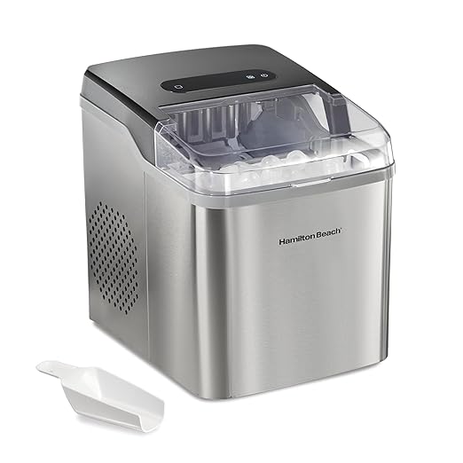 Hamilton Beach Bullet Countertop Ice Maker Machine, Makes 26 Lbs/Day, 9 Cubes Every 6 Minutes, Self-Clean Function, for RV, Office, Kitchen, Dorm, Makes 2 Sizes, Brushed Stainless Steel (86152)