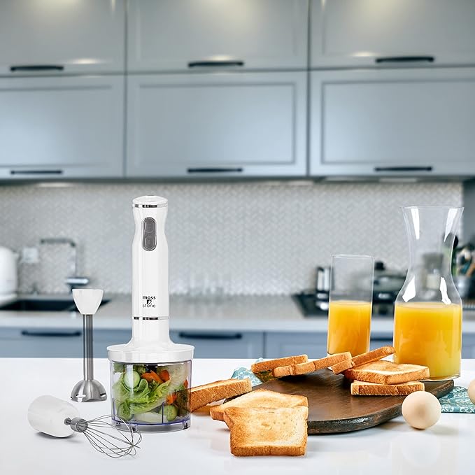 Moss & Stone Hand Blender With Egg Whisk & Chopper, Powerful 300 Watt - Stick Blender, Hand Mixer Set Stainless Steel Shaft & Blades, White Handheld Blender With Ergonomic Handle