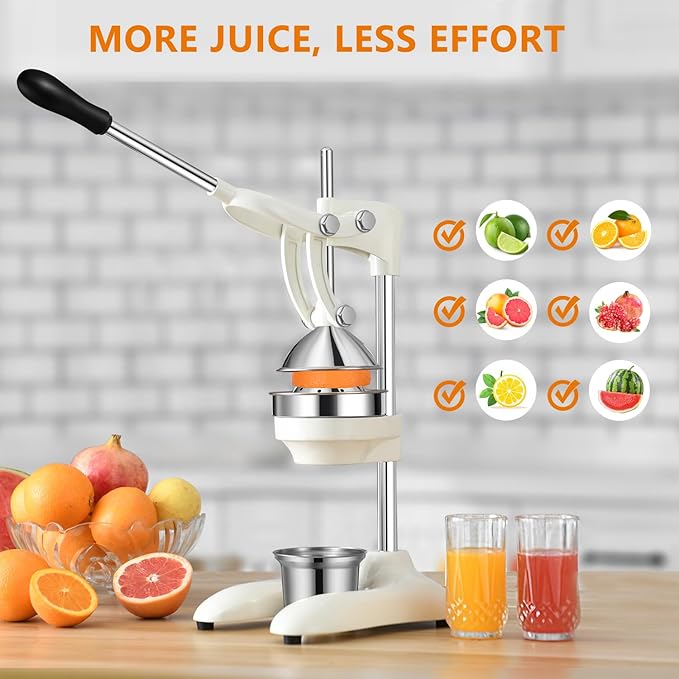 TONGCHANT Cast Iron Juicer, 19" Tall Heavy Duty Citrus Press with Dual Pattern | Manual Juicer for Orange Lemon Pomegranate, Easy to Clean, Stainless Steel Cup, White