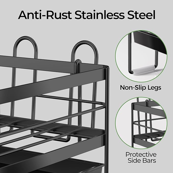 Large Dish Drying Rack, Expandable Dish Rack, Stainless Steel Dish Racks for Kitchen Counter, Multifunctional Dish Drainer with Utensil & Cup Holder, 13.4"-28.7" L x 11.8" W, Black