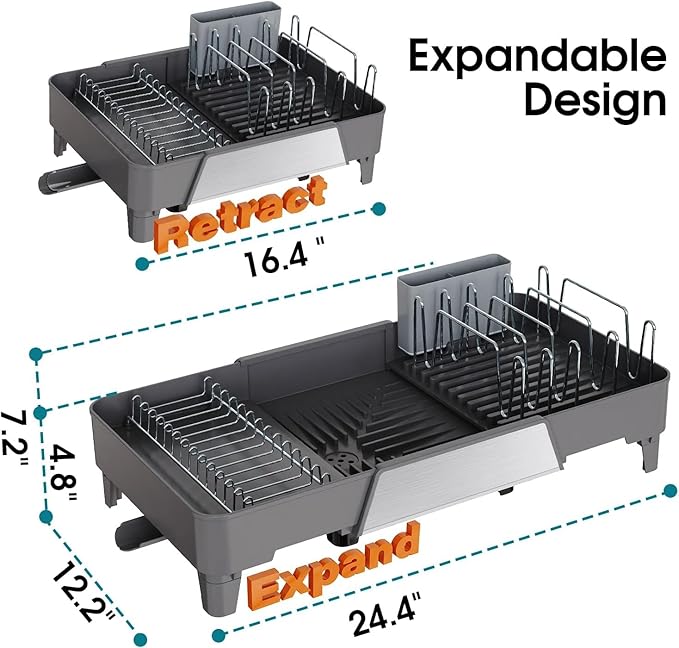 Large Expandable Dish Drying Rack, Dish Racks for Kitchen Counter, Space Saving & Rust Resistant Dish Drainer with Removable Drainboard & Utensil Holder, Adjustable Length 16.4 to 24.4 Inches