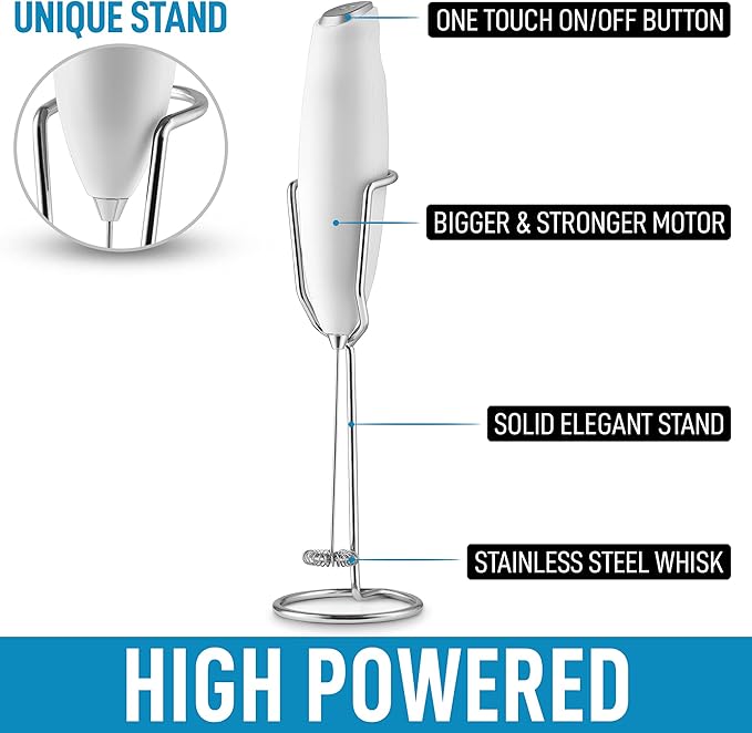 PRO MILK FROTHER WAND - ULTRA HIGH SPEED HANDHELD FROTHER - UPGRADED STAND - Powerful Handheld Mixer with Infinite Uses - Super Instant Electric Foam Maker with Stainless Steel Whisk (White)