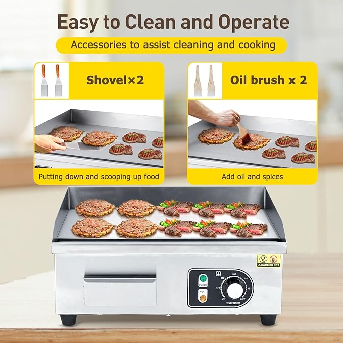 Takywep 18 Inch Electric Griddle, 1600W Electric Countertop Griddle, Non-Stick Restaurant 110V Teppanyaki Flat Top Grill Stainless Steel Adjustable Temperature Control 122°F-572°F (with PLUG)