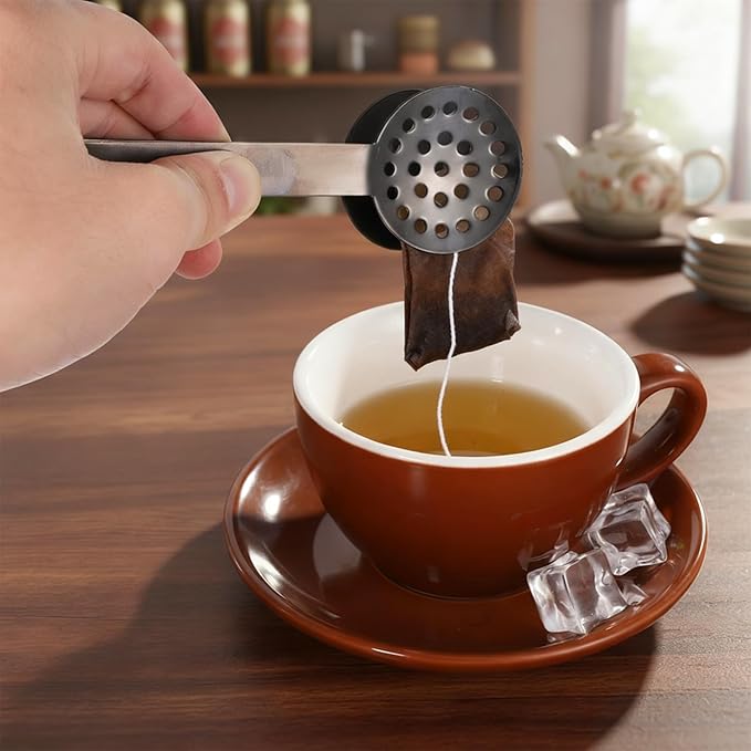 Tea Bag Squeezer Tongs, Stainless Steel Tea Bag Squeezer Tongs, Teabag Filter, Dispenser Accessories for Teas Drinkers, Durable Round Strainer Gripper Picker (Black)
