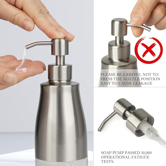 Gaussra Kitchen Soap Dispenser Set with Silicone Tray and Stickers - Brushed Nickel, Stainless Steel Glass Soap Dispenser Bathroom, Refillable Hand Dish Dispenser for Kitchen Sink