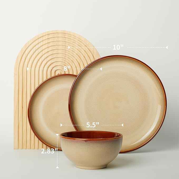 Stoneware Dinnerware Sets, Ceramic Plates and Bowls Set, Microwave & Dishwasher Safe Kitchen Dish Set, Modern Dinner Salad Plates | Cereal Bowls for 4, Dishware Sets Brown Yellow