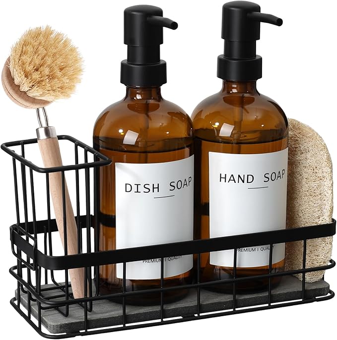 Dish Soap Dispenser for Kitchen, 16.9 fl oz Amber Hand and Dish Soap Dispensers, Kitchen Soap Dispenser Set with Sponge Holder, Brush Holder and Loofah Sponge, Countertop Sink Organizer Accessories