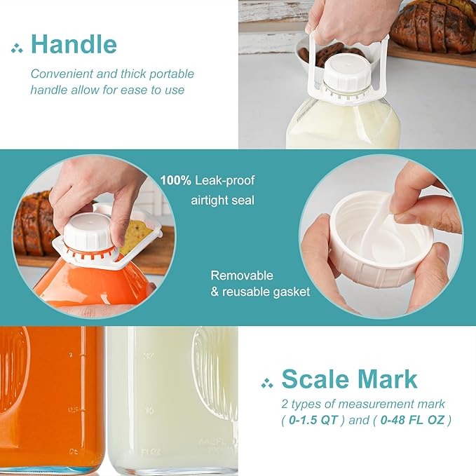 Ritayedet 4 Pack 64 Oz Heavy Duty Glass Milk Bottle with 1 Silicone Spout and 5 Reusable Airtight SCREW LID, 2 Qt Glass Water Bottle with 2 Exact Scale Lines - Milk/Juice Jug Pitcher