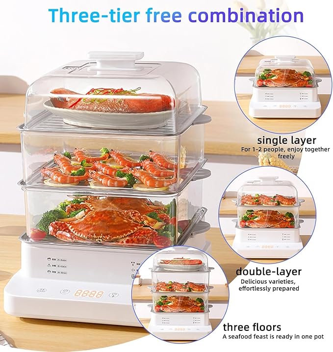 Electric Three-tier Steamer, Made From Commercial-grade Stainless steel, a Large-capacity Breakfast Machine With a Timer Function. Suitable for Home use, Restaurants and Banquets.