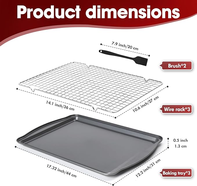 ShineMe Baking Sheet Pan with Cooling Rack 3 Pack, Nonstick Sheet Pan with Wire Rack and Silicone Pastry Brush, Carbon Steel Baking Pans for Cookie, Bacon and Vegetables 17x12x0.5in