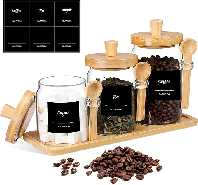 Suclain 3 Pcs Glass Coffee Container with Wooden Lid Spoon Shelf Labels Clear Airtight Jar Food Storage Canister Set for Sugar Spice Coffee Bean Holder Housewarming Gift(13.5,20,25 oz,Natural Bamboo)