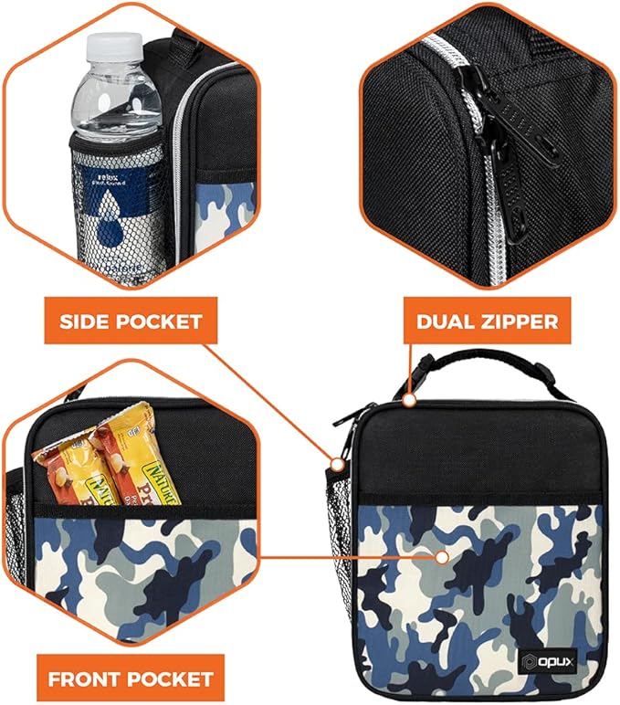 opux Premium Insulated Lunch Box, Soft School Lunch Bag for Kids Boys Girls, Leakproof Small Lunch Pail Men Women Work, Reusable Compact Cooler Tote Lunchbox for Office Adult, Camo Blue