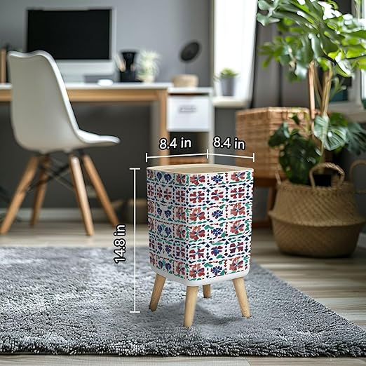 Small Trash Can with Lid Mexican vintage talavera tiles seamless pattern theme Fashionable Red Wastebasket with Press Cover Dog Proof Garbage Can Waste Bin for Kitchen Bathroom Nursery 2.6 Gallon