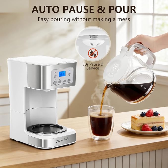 Taylor Swoden 12-Cup Programmable Coffee Maker, Regular & Strong Brew Drip Coffee Machine for Home and Office, Glass Carafe, Pause & Serve, Auto Shut Off, White & Stainless Steel