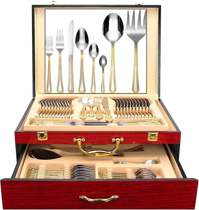 75-Pc Luxury Gold Flatware Set for 12 w/Wooden Storage Case, 24 kt Plated Premium Dining Cutlery Service, 18/10 Surgical Stainless Steel Silverware Hostess Serving Set in a Chest
