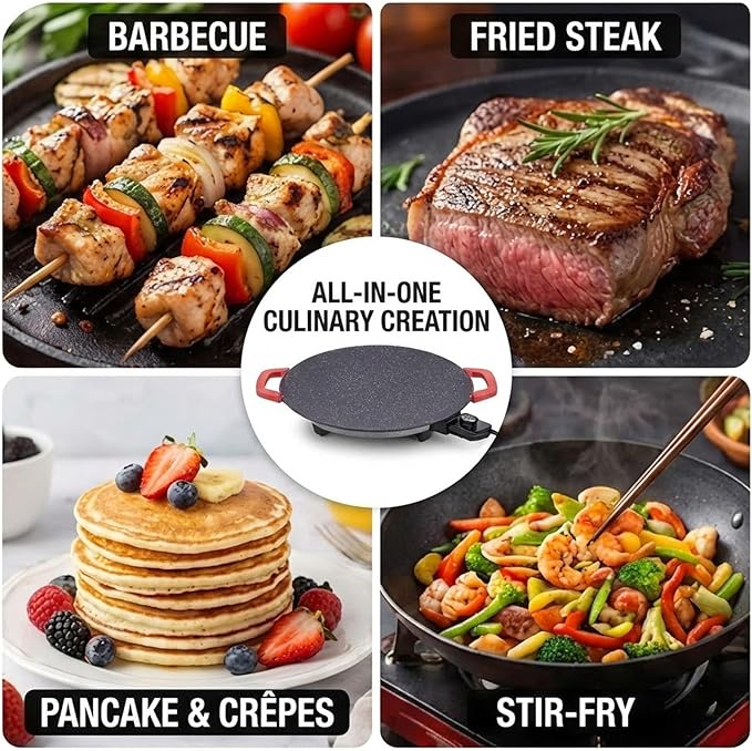 Non-Stick Electric Indoor Grill Pan, Smokeless Electric Griddle with Temperature Control, Round Baking Pan for BBQ, Steaks, Pancakes & Comal Electrico para Tortillas (28cm/11in)