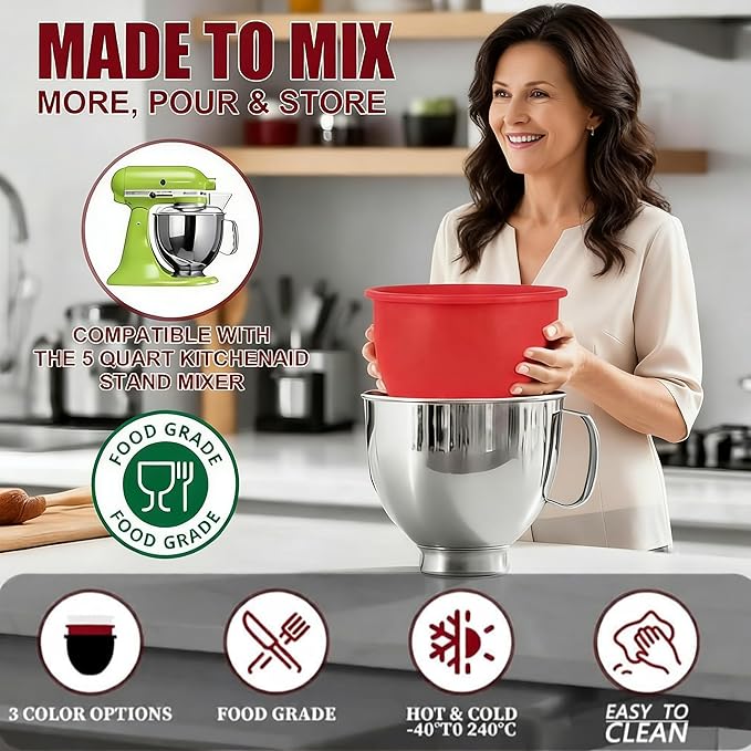 1PCS Silicone Bowl Liners with Lids,5Qt Tilt-Head Silicone Liners for Kitchenaid Stand Mixer,Odourless,Thicker, Cold/Heat-Resistant & Non-Stick, Easy Clean(White)(with Oven mitts)