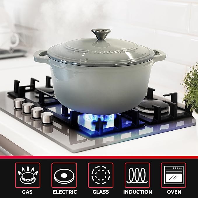 Mueller 6 Quart Enameled Cast Iron Pot Dutch Oven, Heavy-Duty Oven-Safe up to 500° F, & Across All Cooktops, Casserole Dishes for Ovens, Bread Pan with Lid and Knob, Cast Iron Cookware, Grey