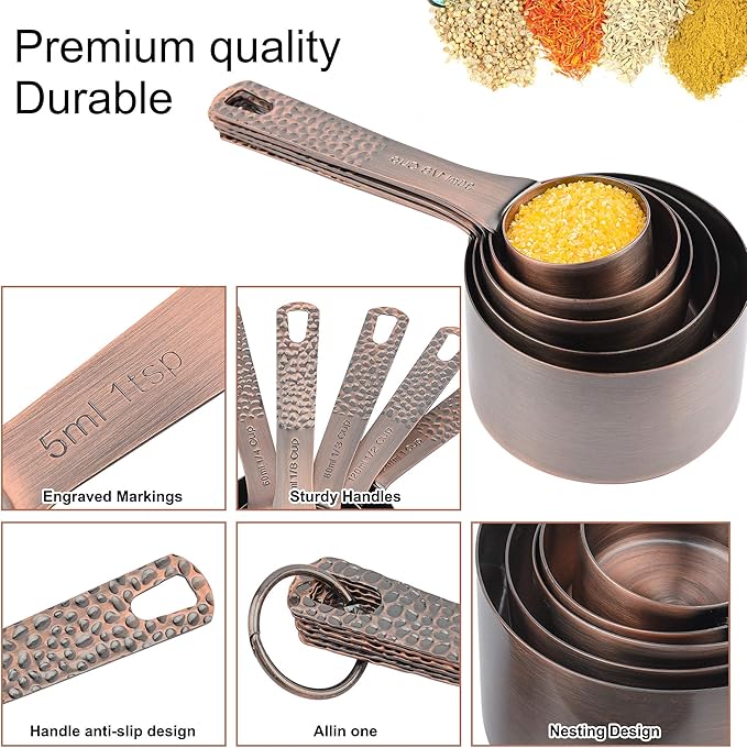 Copper Plated Measuring Cups and Spoons set 18 for Dry & Liquid, Metric & US Stainless Steel Measuring Cup and Spoon Set with Leveler for Baking & Kitchen